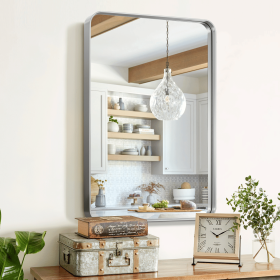 32"x22" Morden Right Angle Rectangle Silver Alloy Aluminium Framed Wall-Mounted Vanity Mirror Bathroom Vanity Mirror for Bedroom Entryway