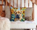 Shar Pei in Sunflowers Throw Pillow Machine Washable, Indoor Outdoor Decorative Pillow for Couch, Bed or Patio, 14Hx14W