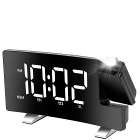 Projection Alarm Clock with Radio Function 7.7In Curved-Screen LED Digital Alarm Clock w/ Dual Alarms 4 Dimmer 12/24 Hour (Light color: White)
